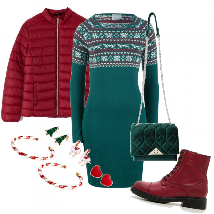 Outfit donna - Natale col vestito verde. Stile Urban per Tutti i giorni. Abbinamento con borse a tracolla, costumi interi, vestito corto, cappotti, anfibi.