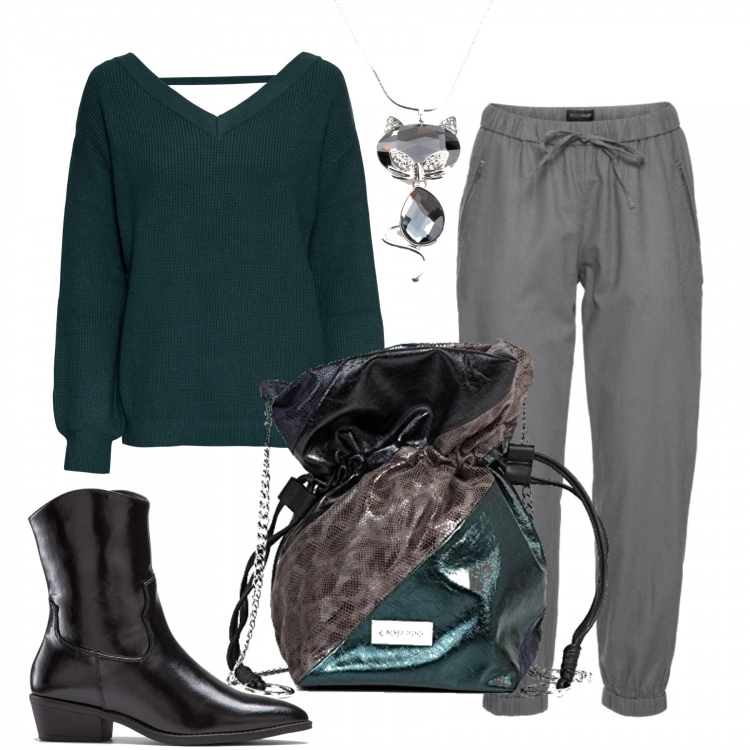 Outfit donna - Grigio Verde e Nero. Stile Urban per Tutti i giorni. Abbinamento con pantaloni, maglioni, maglieria, collane, shopping bag.