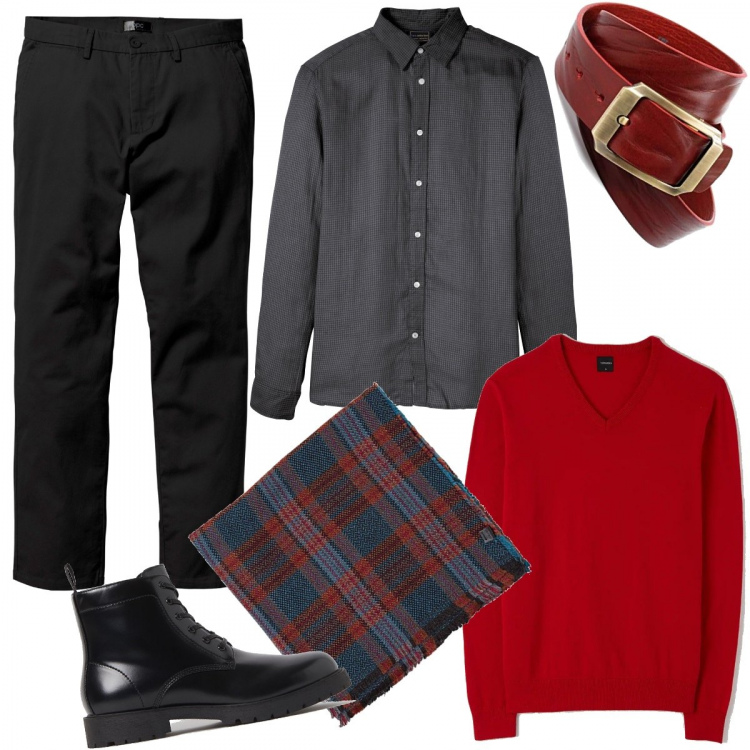 Outfit uomo - Un tocco di rosso. Stile Business/Elegante per Serata speciale. Abbinamento con pantaloni chino, camicie, pullovers, stivali e stivaletti, cinture, sciarpe.