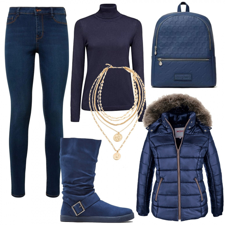 Outfit donna - La collana sul dolcevita. Stile Basic per Tutti i giorni. Abbinamento con piumini, stivali, collane, jeans skinny, zaini, maglioni.