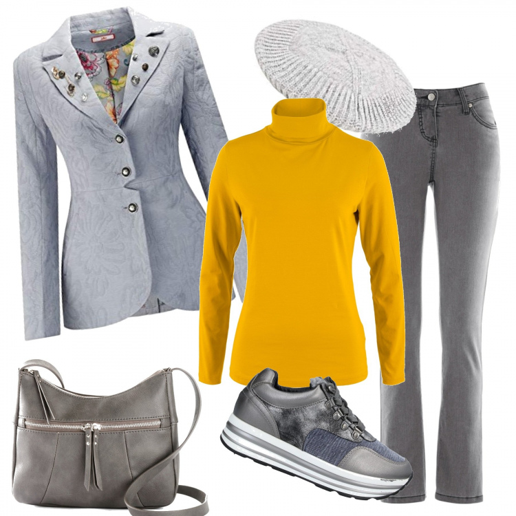 Outfit donna - Casual in ufficio. Stile Urban per Ufficio. Abbinamento con jeans slim fit, pullovers, borse a tracolla, sneakers, blazer, cappelli.