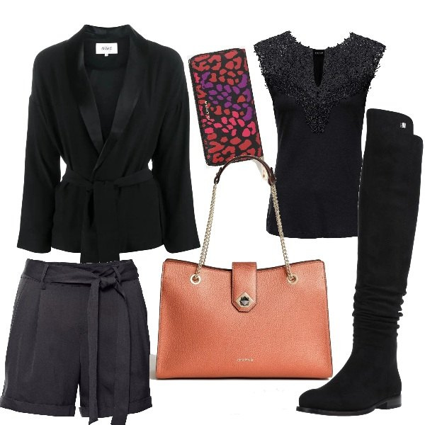Outfit donna - Dettagli. Stile Bon Ton per Ufficio. Abbinamento con top, shorts, stivali, shopping bag, portafogli, blazer.