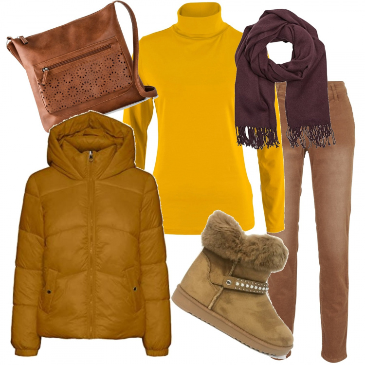 Outfit donna - Nuances calde. Stile Urban per Tutti i giorni. Abbinamento con borse a tracolla, pullovers, pantaloni skinny, stivaletti, blazer, sciarpe.