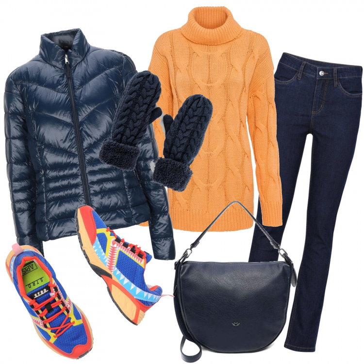 Outfit donna - Giorni di dicembre. Stile Urban per Tutti i giorni. Abbinamento con jeans, maglioni, guanti, piumini, sneakers, borse a tracolla.