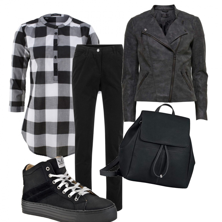 Outfit donna - La camicia a quadri. Stile Basic per Scuola/Università. Abbinamento con pantaloni, bluse, scarpe sportive, blazer, zaini.