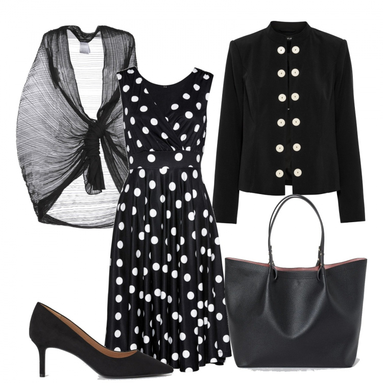 Outfit donna - Il vestito a pois. Stile Bon Ton per Ufficio. Abbinamento con vestiti, blazer, bolero, shopping bag, décolleté.