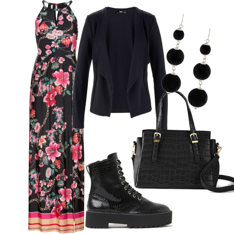 Outfit donna - Il vestito con gli hibiscus. Stile Chic per Serata fuori. Abbinamento con blazer, vestiti lunghi, borse a mano, orecchini, stivaletti.