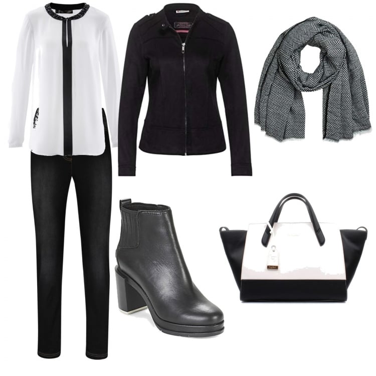Outfit donna - Trendy #89303. Stile Trendy per Ufficio. Abbinamento con jeggings, bluse, borse a mano, stivaletti chelsea, blazer, scialli.