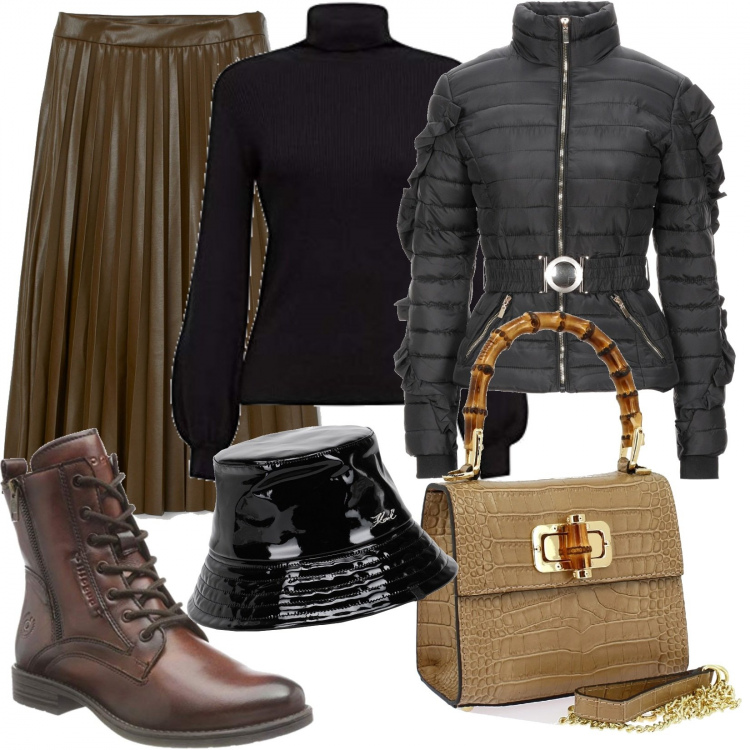 Outfit donna - Trendy #89360. Stile Trendy per Ufficio. Abbinamento con piumini, cappelli, borse a mano, maglioni, stivaletti, gonne lunghe.