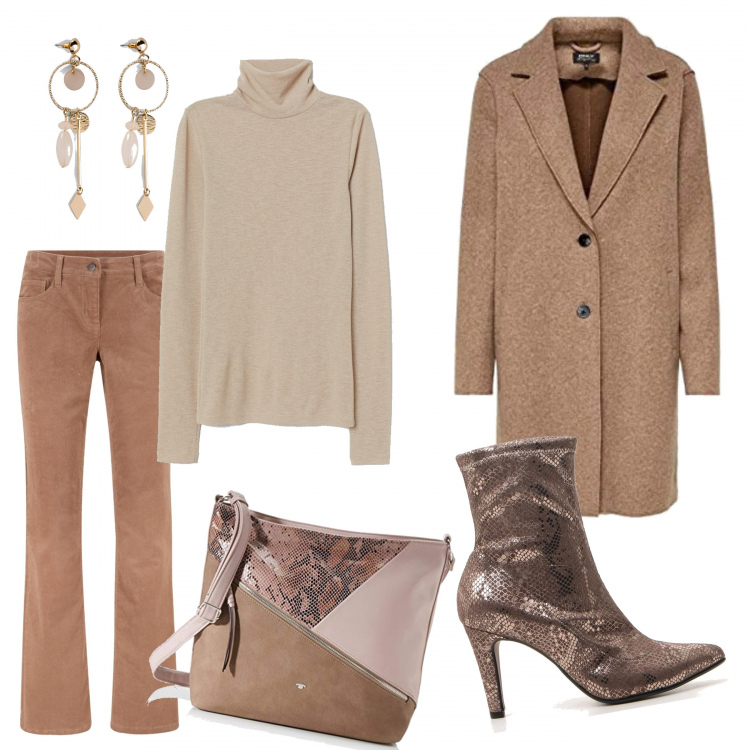 Outfit donna - Inverno di terra. Stile Basic per Ufficio. Abbinamento con pantaloni, orecchini, maglioni, borse a tracolla, cappotti, stivaletti.