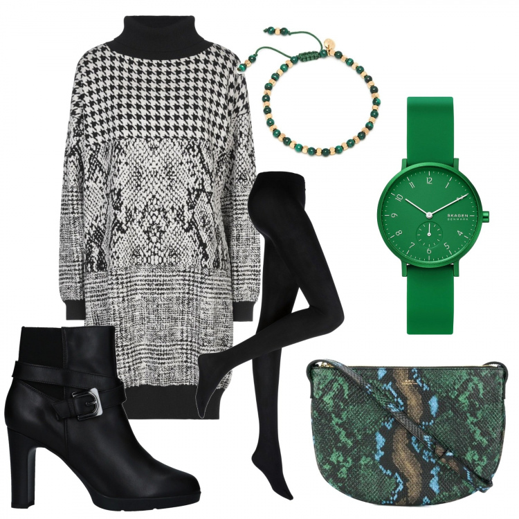 Outfit donna - Focus Donna Budget Fascia Media. Stile Trendy per Scuola/Università. Abbinamento con collant, vestiti corti, stivaletti, orologi, borse a tracolla, braccialetti.