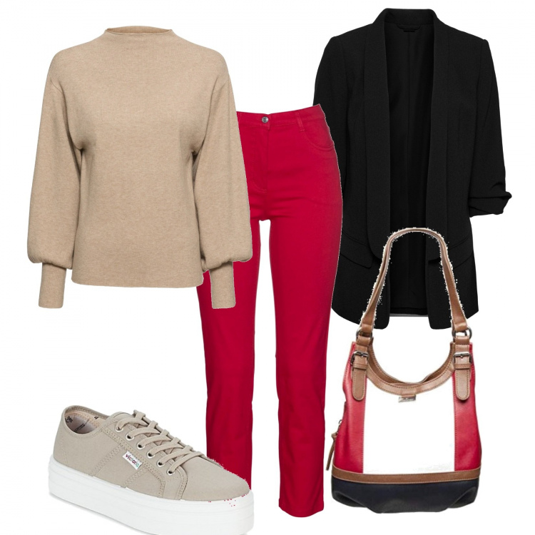 Outfit donna - Mix di colori. Stile Basic per Tutti i giorni. Abbinamento con maglieria, pantaloni, blazer, sneakers, borse tote.