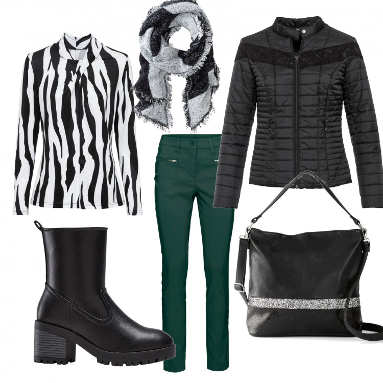 Outfit donna - Tutto Bonprix a 150 euro. Stile Basic per Ufficio. Abbinamento con sciarpe, cappotti, pantaloni, shopping bag, maglieria, stivaletti.
