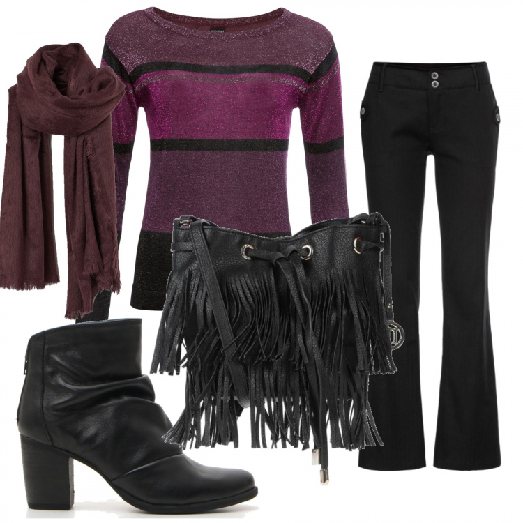 Outfit donna - Strisce. Stile Trendy per Tutti i giorni. Abbinamento con maglieria, pantaloni, borse a tracolla, stivaletti, sciarpe.