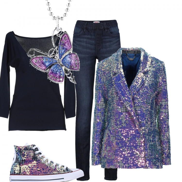 Outfit donna - In casa per le feste. Stile Trendy per Tutti i giorni. Abbinamento con jeggings, blazer, sneakers alte, pullovers, ciondoli.