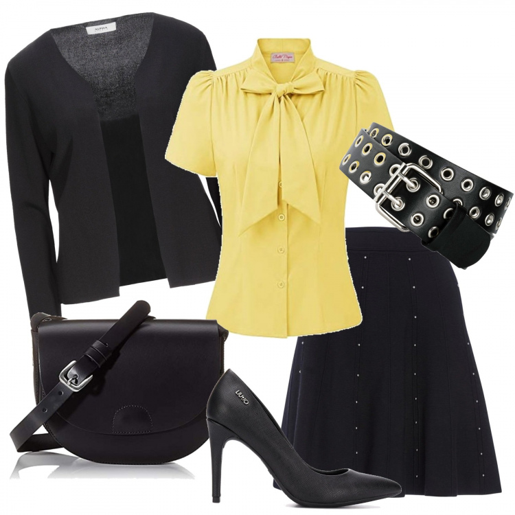 Outfit donna - Segretaria rock. Stile Rock per Ufficio. Abbinamento con cinture, cardigans, gonne, décolleté, bluse, borse a tracolla.
