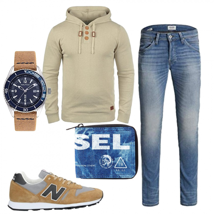 Outfit uomo - Relax. Stile Casual per Tutti i giorni. Abbinamento con sneakers, felpe con cappuccio, jeans, orologi, portafogli.