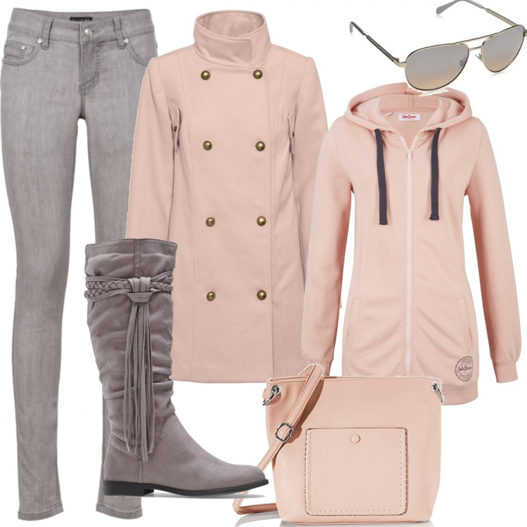 Outfit donna - Basic&low cost. Stile Basic per Tutti i giorni. Abbinamento con jeans skinny, felpe con cappuccio, caban, stivali, borse a tracolla, occhiali da sole.