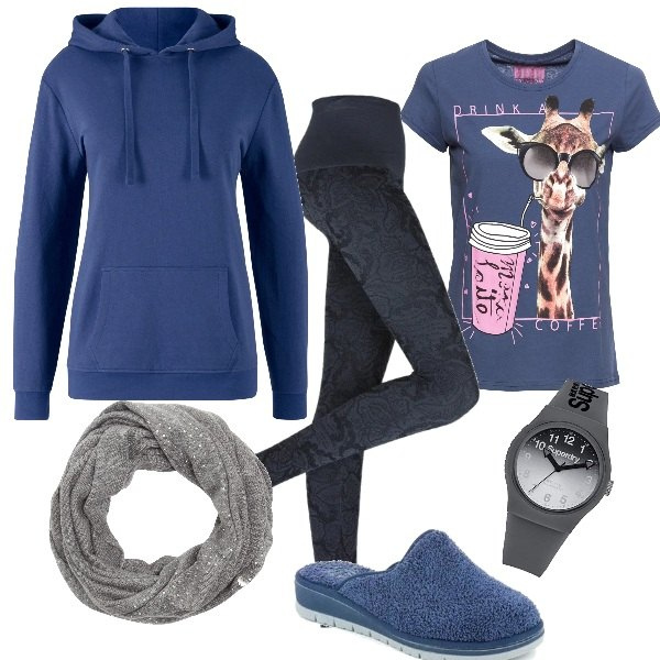 Outfit donna - Blu e relax. Stile Basic per Tutti i giorni. Abbinamento con felpe con cappuccio, t-shirt, leggings, foulard, ciabatte, orologi analogici.
