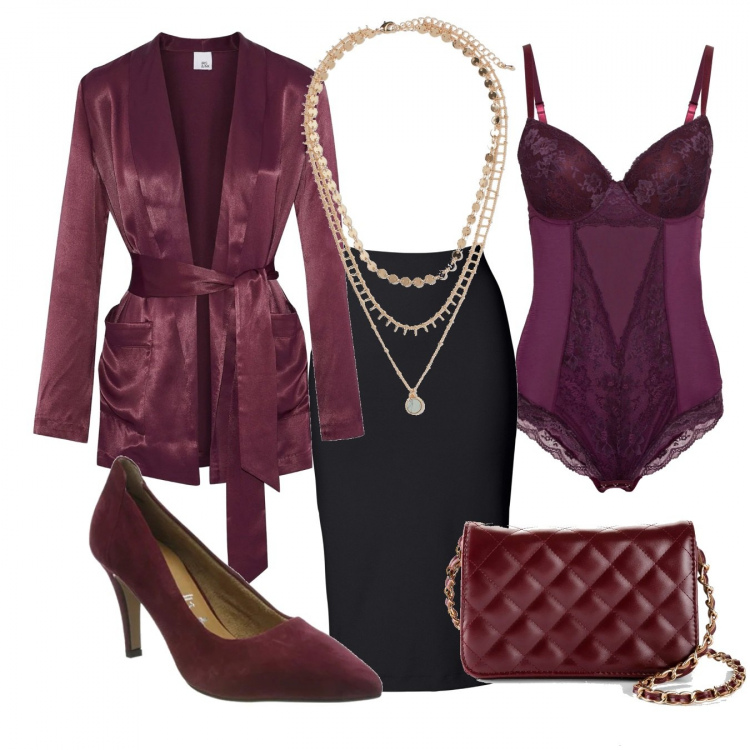 Outfit femme - Chic #49313. Style Chic pour Soirée dehors. Assortir avec body, jupes longues, sacs en bandoulière, blazers, chaussures à talon, colliers.