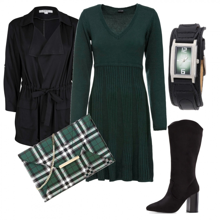Outfit donna - In Verde. Stile Urban per Ufficio. Abbinamento con vestiti, stivali, cappotti, pochette, orologi.