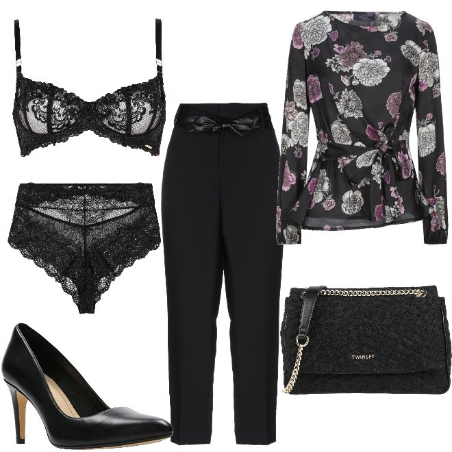 Outfit donna - Il completo da autoregalarsi. Stile Sexy per Serata fuori. Abbinamento con culotte, pantaloni, borse a tracolla, bluse, reggiseni, scarpe col tacco.