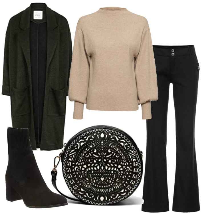 Outfit donna - Basic Beige e Nero. Stile Basic per Tutti i giorni. Abbinamento con maglieria, pantaloni, cappotti, borse a tracolla, stivaletti.
