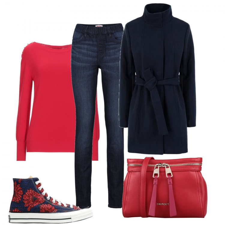 Outfit donna - In rosso e blu con le all star. Stile Basic per Tutti i giorni. Abbinamento con jeggings, cappotti, sneakers alte, pullovers, borse a tracolla.