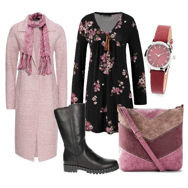 Outfit donna - Vestitino a fiori. Stile Basic per Ufficio. Abbinamento con cappotti, vestiti, borse a tracolla, orologi, sciarpe, stivali.