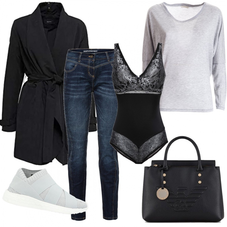 Outfit donna - Trendy #89831. Stile Trendy per Tutti i giorni. Abbinamento con jeans boyfriend, body, sneakers alte, maglieria, shopping bag, cappotti.