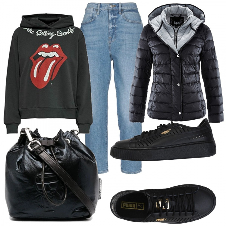 Outfit donna - Basic in the lab. Stile Basic per Tutti i giorni. Abbinamento con piumini, sneakers, jeans, borse a secchiello, felpe con cappuccio.