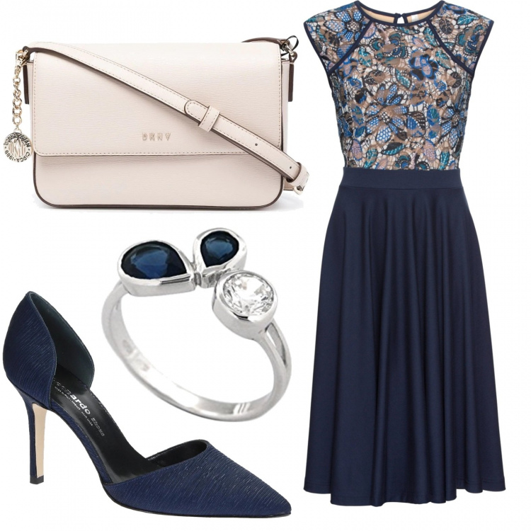 Outfit donna - Vestito a ruota. Stile Chic per Cerimonia. Abbinamento con vestiti midi/longuette, scarpe col tacco, borse a tracolla, anelli.