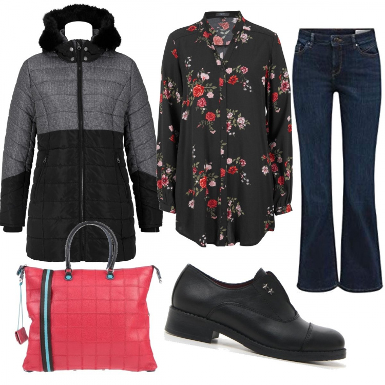 Outfit donna - Una giornata casual. Stile Urban per Tutti i giorni. Abbinamento con camicie, cappotti, borse a mano, mocassini, jeans bootcut.