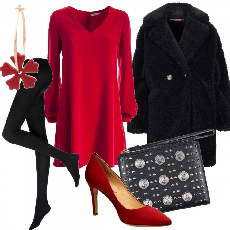 Outfit donna - Rosso per le Feste. Stile Chic per Serata fuori. Abbinamento con collant, ecopellicce, orecchini, pochette, vestiti lunghi, décolleté.