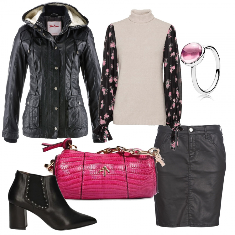Outfit donna - La borsa fucsia. Stile Trendy per Scuola/Università. Abbinamento con blazer, maglioni, stivaletti, minigonne, borse a spalla, anelli.