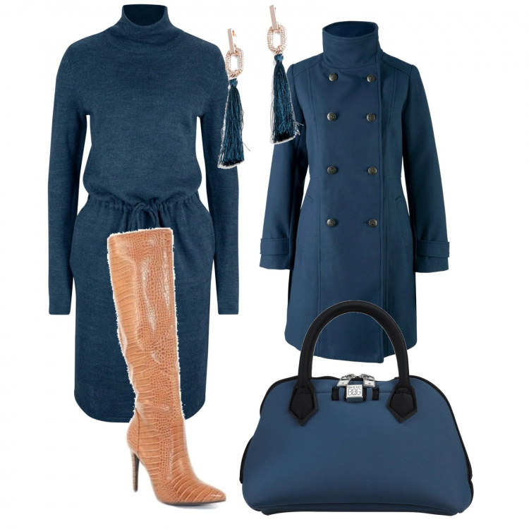 Outfit donna - Trai verde e il blu. Stile Urban per Tutti i giorni. Abbinamento con vestiti, cappotti, orecchini, borse a mano, stivali.