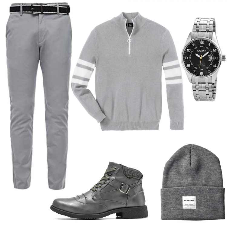 Outfit uomo - Grigio chiaro. Stile Casual per Tutti i giorni. Abbinamento con t-shirt sportive, stivali e stivaletti, pantaloni, berretti, orologi.