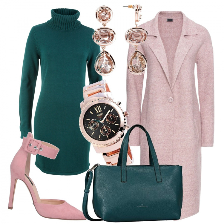 Outfit donna - Verde e rosa. Stile Chic per Serata fuori. Abbinamento con cappotti, vestiti, reggiseni, décolleté, borse tote, orologi analogici.