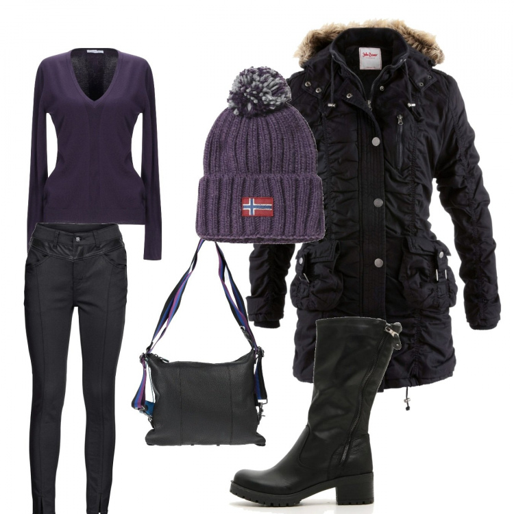 Outfit donna - Violet. Stile Basic per Tutti i giorni. Abbinamento con cappotti, pantaloni, pullovers, borse a tracolla, berretti, stivali.