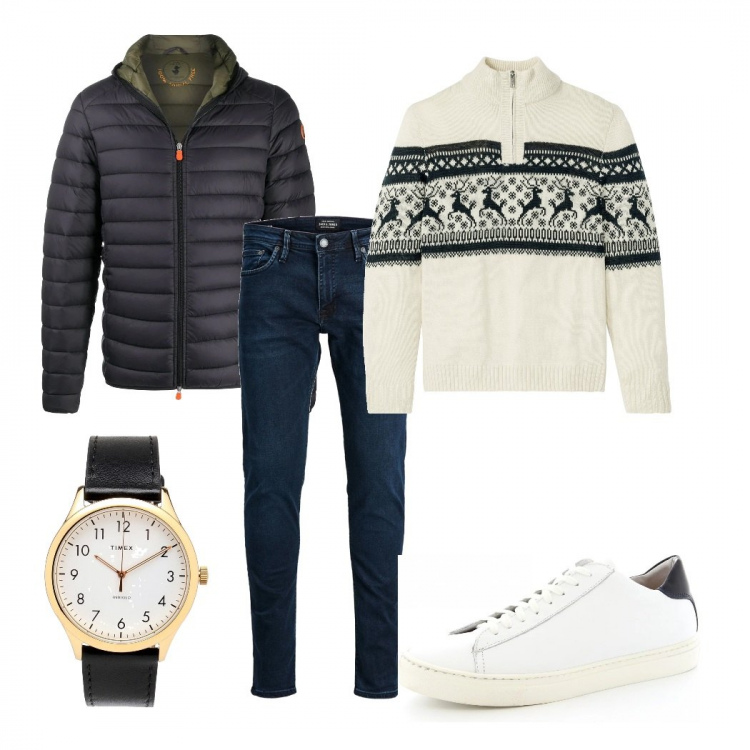 Outfit uomo - Il maglione con le renne. Stile Urban per Tutti i giorni. Abbinamento con maglieria, orologi, sneakers, jeans, piumini.