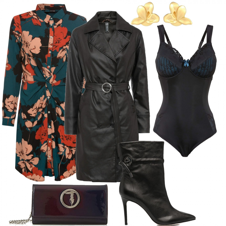 Outfit donna - Una serata magica - Curvy. Stile Trendy per Serata fuori. Abbinamento con orecchini, vestiti, body, cappotti, stivaletti, clutch.