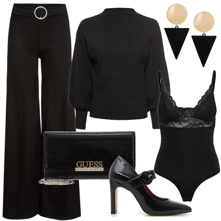 Outfit donna - Chic low cost sopra la tg50. Stile Chic per Serata fuori. Abbinamento con maglieria, pantaloni, orecchini, body, décolleté, clutch.