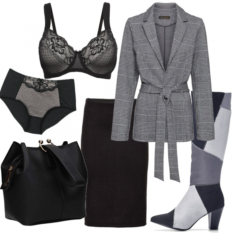 Outfit donna - Lavoro low cost sopra la tg50. Stile Trendy per Ufficio. Abbinamento con reggiseni, culotte, blazer, gonne longuette, stivali, borse a secchiello.