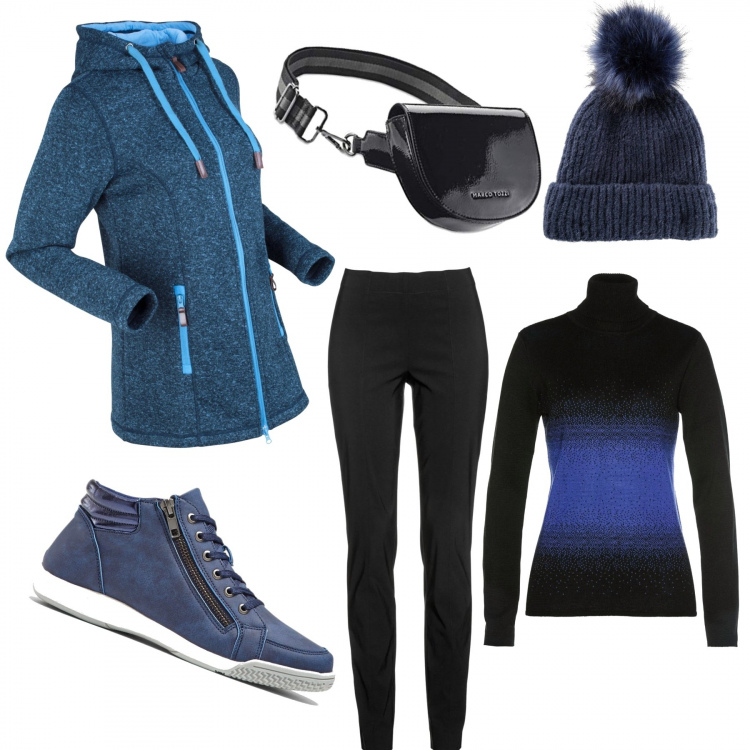 Outfit donna - Sportiva d\' inverno !. Stile Basic per Tutti i giorni. Abbinamento con blazer, pantaloni, sneakers alte, maglieria, berretti, borse a tracolla.