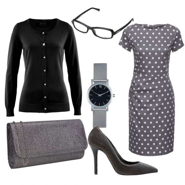Outfit donna - Bon ton grey. Stile Bon Ton Abbinamento con cardigans, vestiti a tubino, décolleté, pochette, occhiali, orologi.
