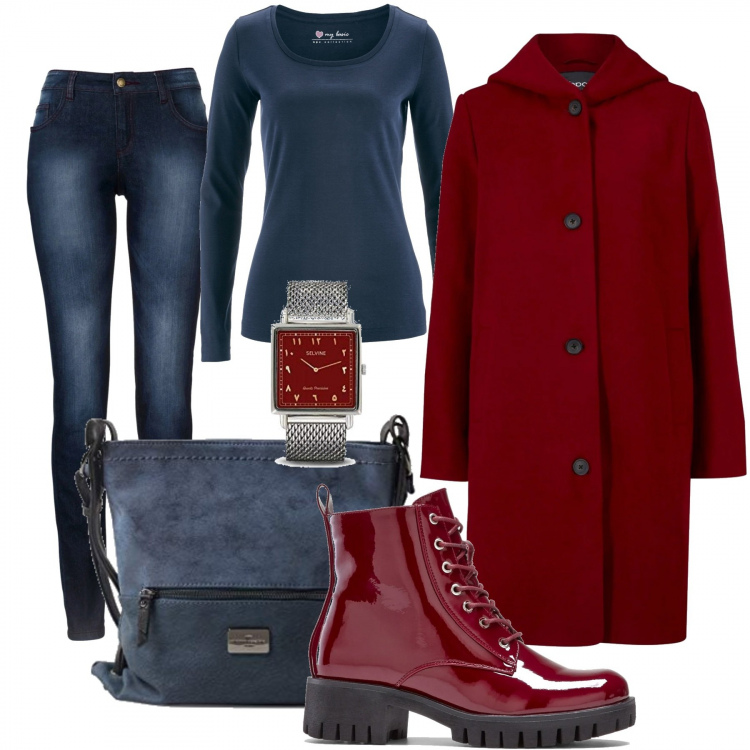 Outfit donna - Mix&Match. Stile Basic per Tutti i giorni. Abbinamento con jeans skinny, maglieria, cappotti, stivaletti, borse a tracolla, orologi analogici.