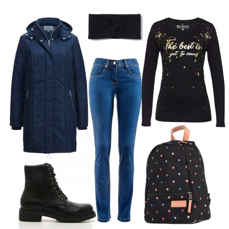 Outfit donna - Casual e low cost. Stile Basic per Tutti i giorni. Abbinamento con jeans dritti, giacche, maglieria, zaini, anfibi, fasce per capelli.