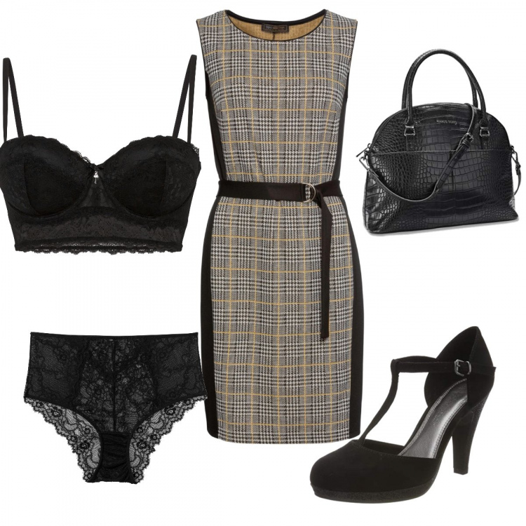 Outfit donna - Segreti in ufficio. Stile Sexy per Tutti i giorni. Abbinamento con reggiseni a balconcino, vestiti a tubino, slip, scarpe col tacco, borse a mano.