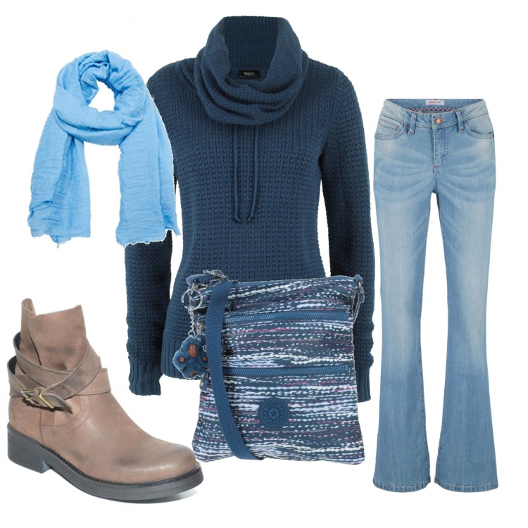 Outfit donna - Low cost Bantoa. Stile Basic per Tutti i giorni. Abbinamento con maglieria, jeans bootcut, borse a tracolla, stivaletti, sciarpe.