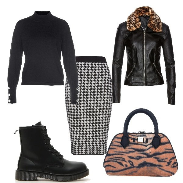 Outfit donna - In giro a far shopping. Stile Trendy per Tutti i giorni. Abbinamento con gonne, blazer, maglioni, borse a mano, anfibi.